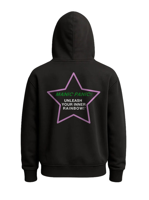 Black Manic Panic Pride zip-up hoodie featuring a pink star with the text “Unleash Your Inner Rainbow.”