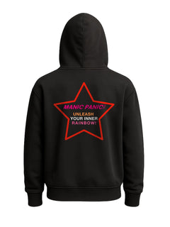 Black Manic Panic Pride zip-up hoodie featuring a red star with the text “Unleash Your Inner Rainbow.”
