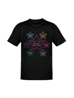 Black Manic Panic Pride T-shirt featuring seven colorful stars in a full rainbow design with the text “Unleash Your Inner Rainbow.