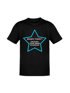 Black Manic Panic Pride T-shirt featuring a blue star with the text “Unleash Your Inner Rainbow.”