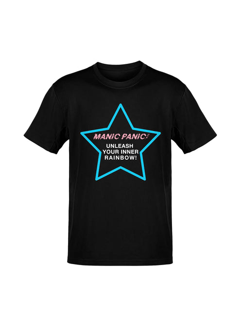 Black Manic Panic Pride T-shirt featuring a blue star with the text “Unleash Your Inner Rainbow.”
