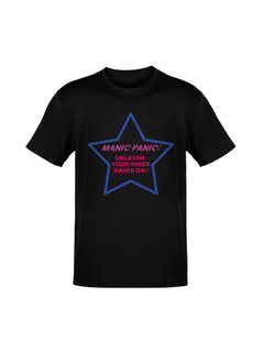 Black Manic Panic Pride T-shirt featuring an blue-violet star with the text “Unleash Your Inner Rainbow.”