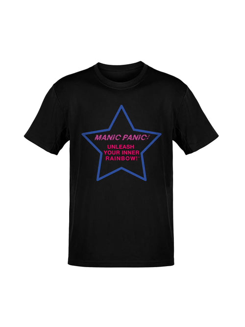 Black Manic Panic Pride T-shirt featuring an blue-violet star with the text “Unleash Your Inner Rainbow.”