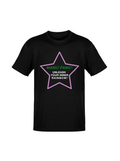 Black Manic Panic Pride T-shirt featuring a pink star with the text “Unleash Your Inner Rainbow.”
