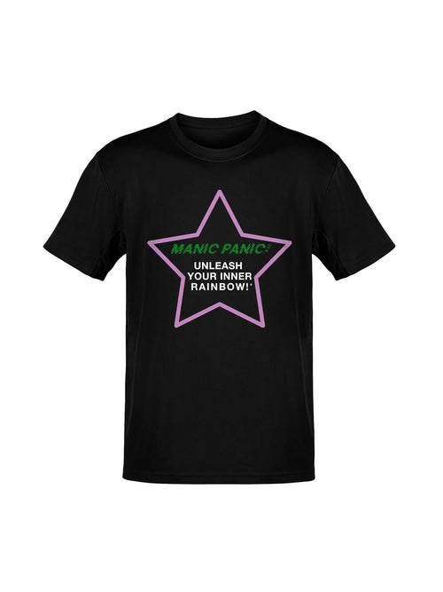 Black Manic Panic Pride T-shirt featuring a pink star with the text “Unleash Your Inner Rainbow.”