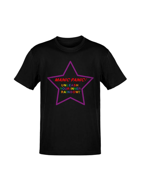Black Manic Panic Pride T-shirt featuring a purple star with the text “Unleash Your Inner Rainbow.”