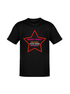 Black Manic Panic Pride T-shirt featuring a red star with the text “Unleash Your Inner Rainbow.														