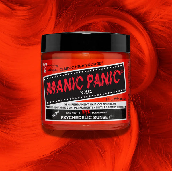 Manic Panic Classic High Voltage semi-permanent hair dye in shade Psychedelic Sunset a vibrant, vegan hair color. Image shows a jar of Psychedelic Sunset hair dye placed on top of a wavy fiery orange hair swatch.
