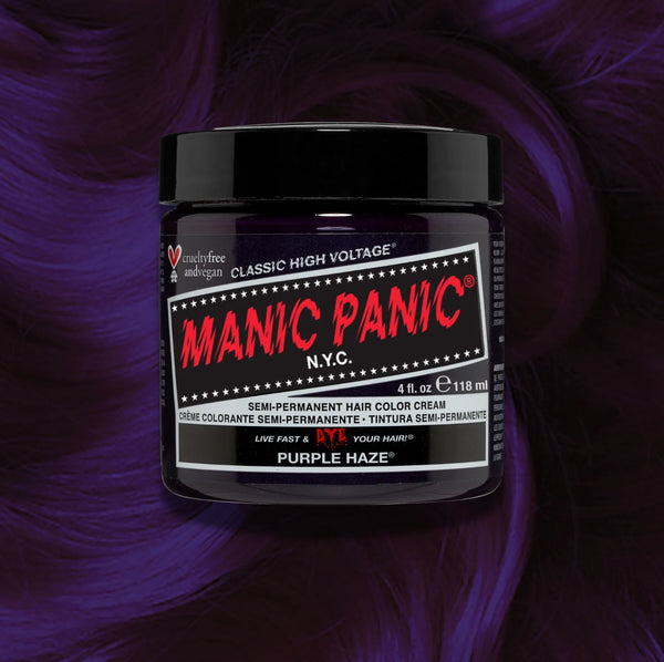 Manic Panic Classic High Voltage semi-permanent hair dye in shade Purple Haze a vibrant, vegan hair color. Image shows a jar of Purple Haze hair dye placed on top of a wavy purple haze hair swatch.
