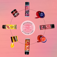 Red, orange and yellow Manic Panic® semi-permanent hair dye jars with Love Color™ color-depositing conditioners arranged in a circle.
