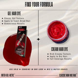 Manic Panic hair dye showing two product formats side by side: a box of Inter-Gel-Actic gel hair dye on the left and an open jar of red cream hair dye on the right, with text describing textures and application on a light satin background.