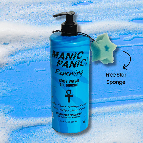 Manic Panic Renewing Body Wash with a free star sponge on a blue foamy background