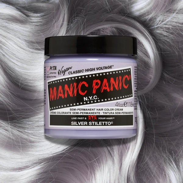 Manic Panic Classic High Voltage semi-permanent hair dye in shade Silver Stiletto Classic a vibrant, vegan hair color. Image shows a jar of Silver Stiletto Classic hair dye placed on top of a wavy silver stiletto classic hair swatch.
