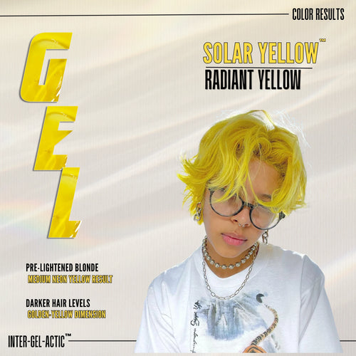 A promotional color-result graphic for Gel hair dye showing a person with bright solar yellow hair, glasses, and layered necklaces against a light beige background with text reading 'Solar Yellow Radiant Yellow' and 'Color Results.'.
