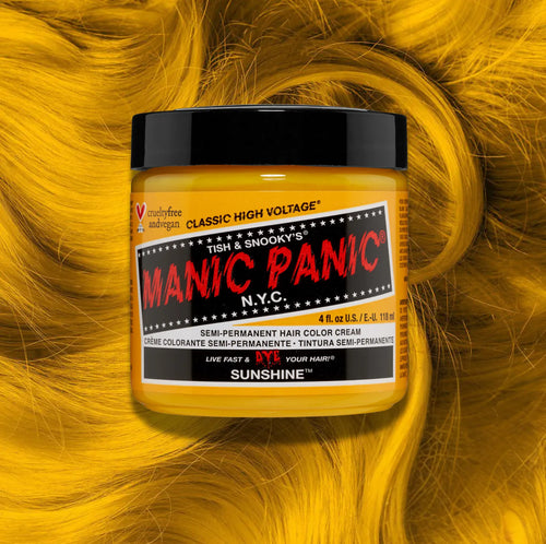 Manic Panic Classic High Voltage semi-permanent hair dye in shade Sunshine a vibrant, vegan hair color. Image shows a jar of Sunshine hair dye placed on top of a wavy yellow hair swatch.
