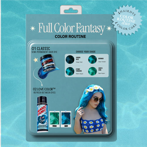 product-card graphic showing Voodoo™ Blue, Mermaid®, Atomic Turquoise™ and Siren’s Song™ Classic hair dyes paired with Teal Temptress™ Love Color™ conditioner. A model displays a vivid blue and teal hair result.