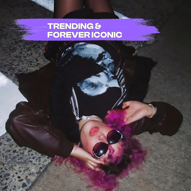 model with purple hair color on ground 