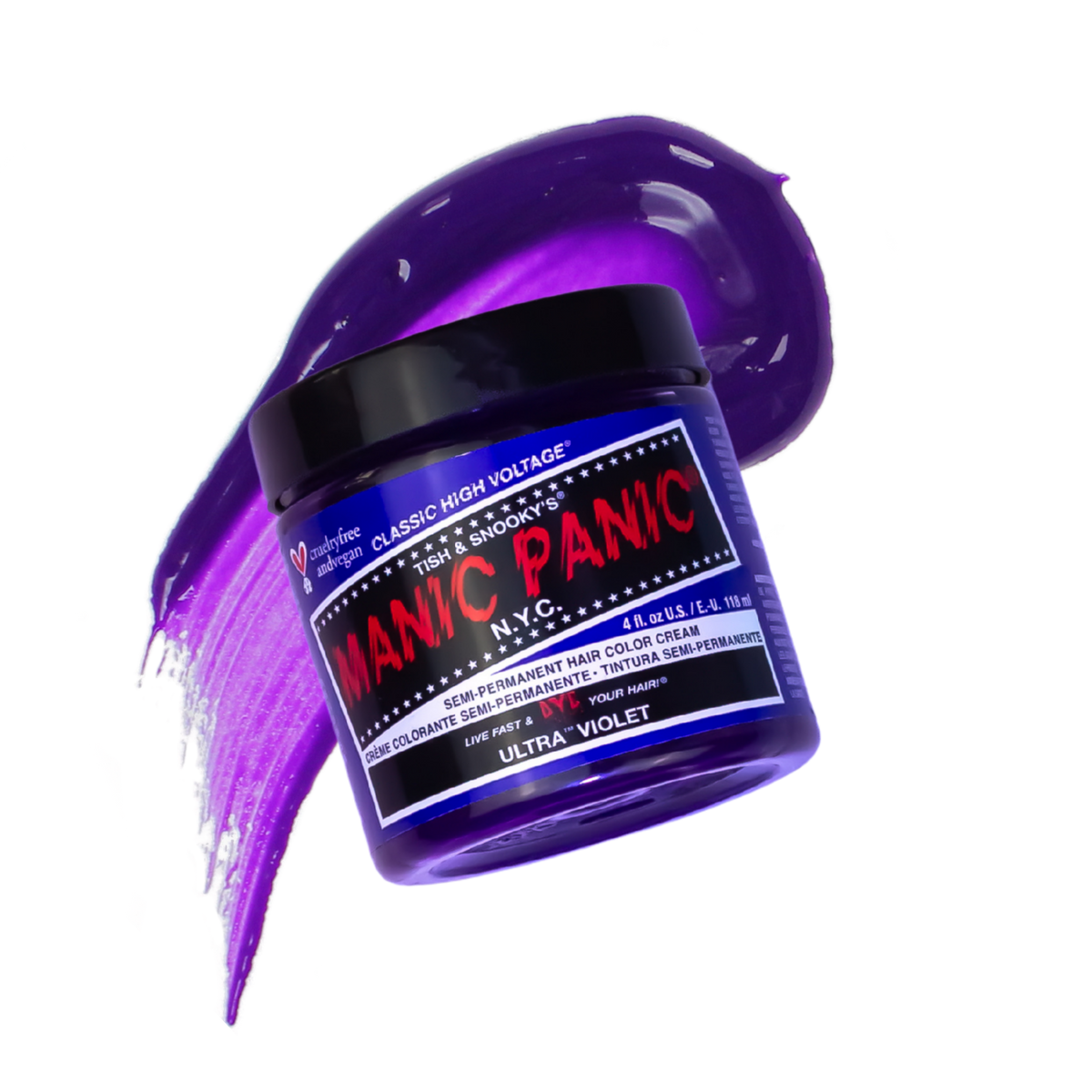 A jar of Manic Panic Ultra Violet hair color cream shown on a white background with a glossy purple smear of the product behind it. The jar has a black lid and a blue label with red and white text.