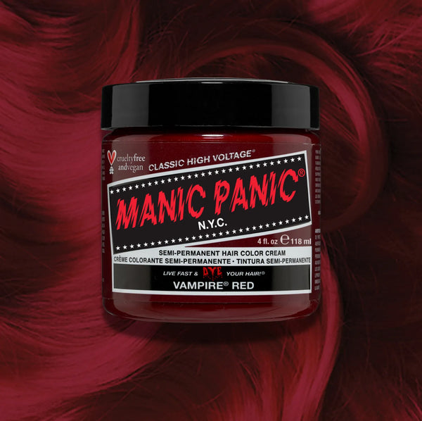 Manic Panic Classic High Voltage semi-permanent hair dye in shade Vampire Red a vibrant, vegan hair color. Image shows a jar of Vampire Red hair dye placed on top of a wavy vampire red hair swatch.

