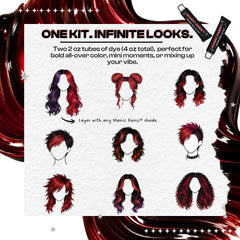 Graphic showing creative hairstyle looks using Manic Panic Inter-GEL-actic™ Divine Wine gel hair color kit, a semi-permanent DIY hair dye with two 2 oz tubes for deep wine-toned color and custom styling