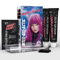 Manic Panic Inter-GEL-actic™ Pink Warrior gel hair color kit showing box, two 2 oz gel color tubes, gloves, tint brush, and Stellar Shield™ Barrier Cream, a semi-permanent DIY hair dye with a glossy finish