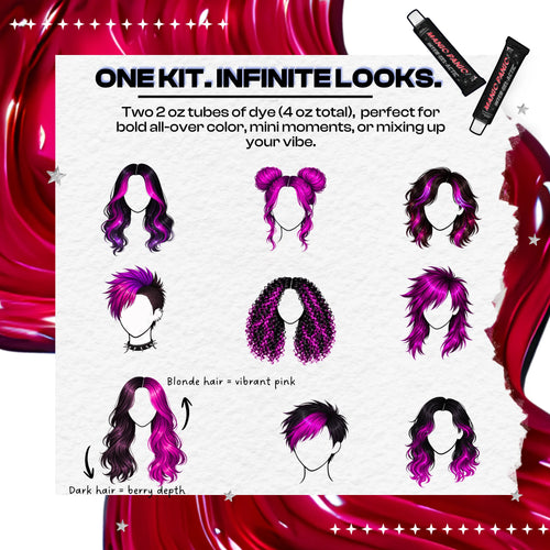 Graphic showing creative hairstyle looks using Manic Panic Inter-GEL-actic™ Pink Warrior gel hair color kit, a semi-permanent DIY hair dye with two 2 oz tubes for vibrant pink color and custom styling