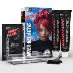 Manic Panic Inter-GEL-actic™ Red Velvet gel hair color kit showing box, two 2 oz gel color tubes, gloves, tint brush, and Stellar Shield™ Barrier Cream, a semi-permanent DIY hair dye with a glossy finish.