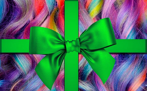 Rainbow hair with a green bow signifying a gift card