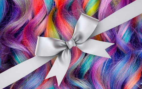 Rainbow hair with a silver bow signifying a gift card