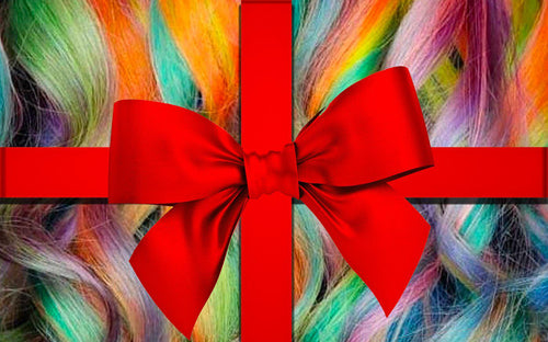Rainbow hair with a red bow signifying a gift card