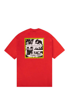 Tomato red T-shirt  with manic panic and hundreds graphic design